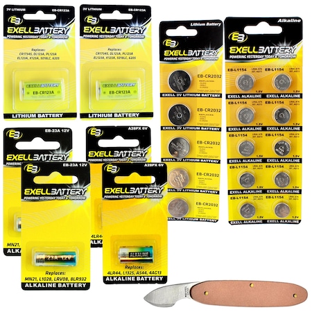 Exell Battery 37pc Essential Batteries Kit 23A L1154 A28PX CR2032 CR123A & Watch Opener EB-KIT-111